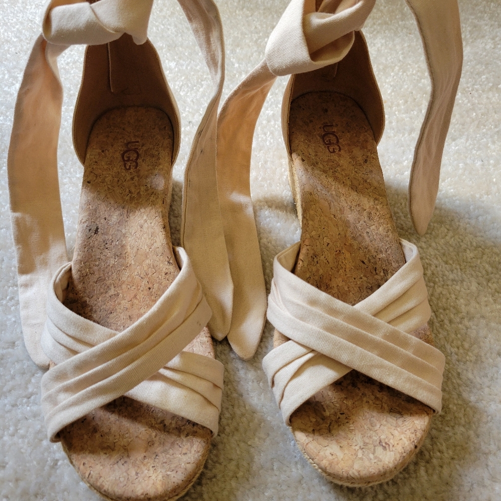 UGG Traci Espadrille Cork Pre-Owned Wedge Sandals Ankle Tie Women's Size 8.5